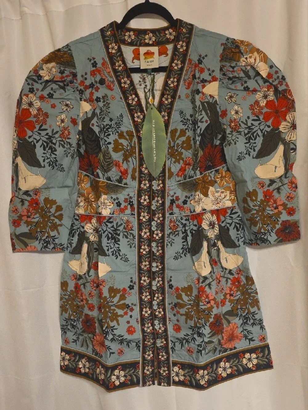 FARM Rio Beauty Bouquet Sky Blue Floral Embroidered Mini Dress Cotton Size XL - Picture 6 of 16